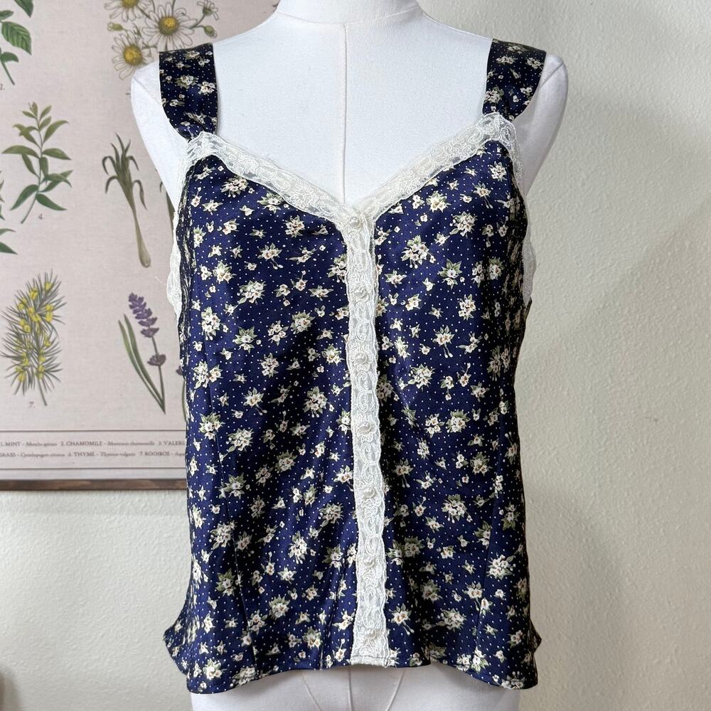 Vintage 90s Floral Satin Lace Cami Top Coquette Romantic Fairy Dollette Whimsy S